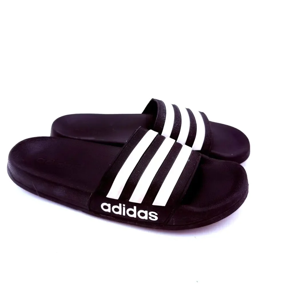 Adidas Boys Black & White 3 Stripe Adilette Slides Sandals Size 6